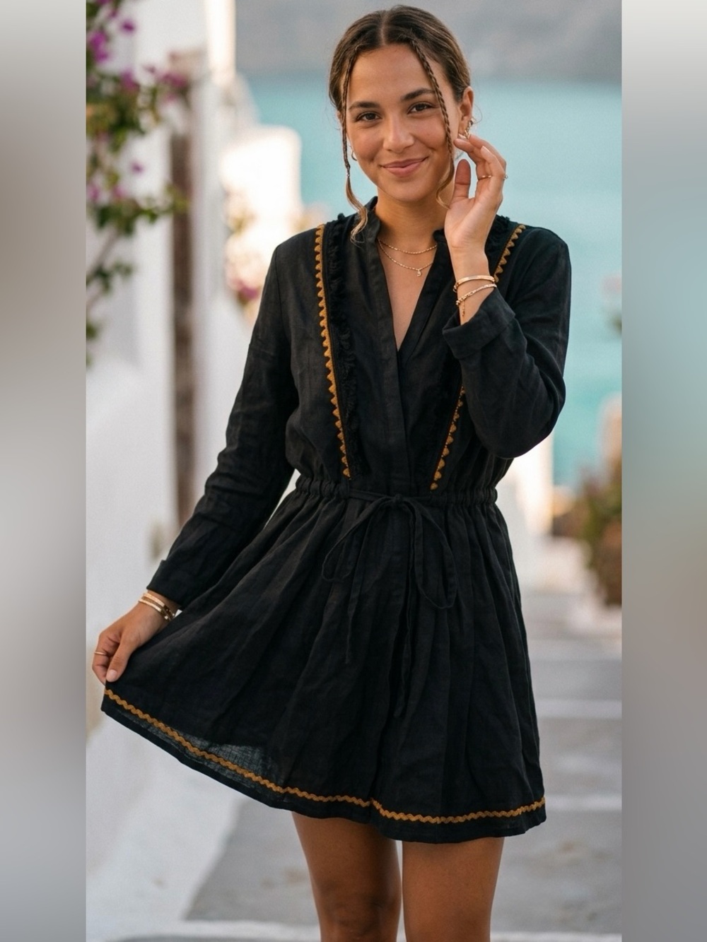 Zara Black Long-Sleeve Linen Tassel Mini Dress XS